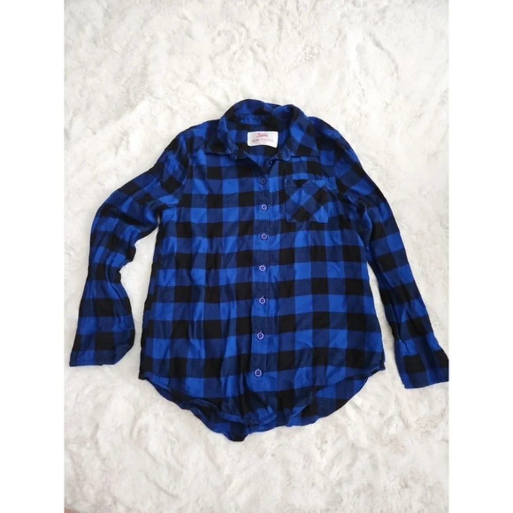 Justice‎ Girls Blue & Black Buffalo Plaid Flannel Button Down Shirt Size 14/16